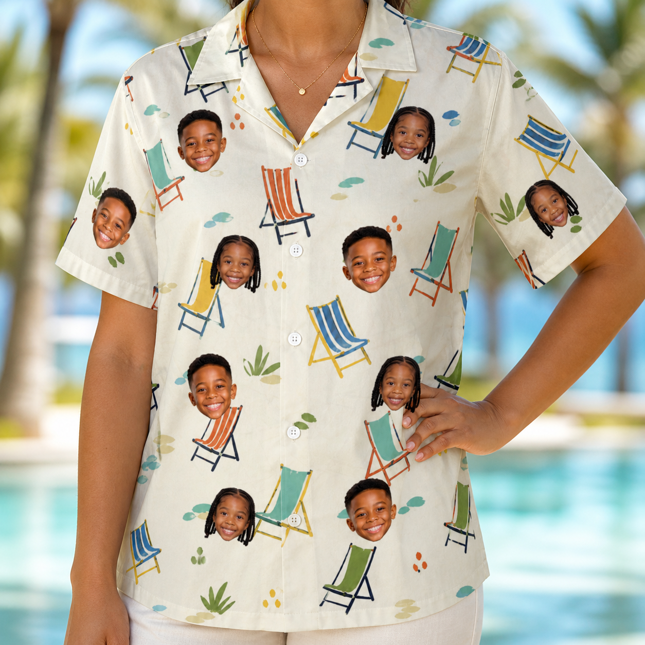 Model wearing Women's Seaside Sitters Custom Face Hawaiian Shirt printed with kids' faces