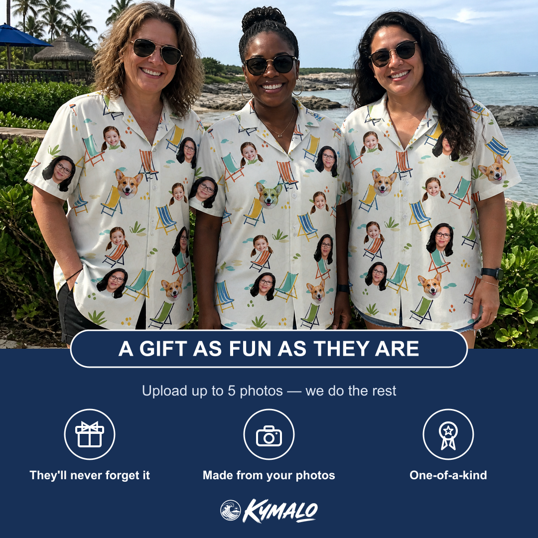 Friends in matching Women's Seaside Sitters Custom Face Hawaiian Shirt — a group gift photo