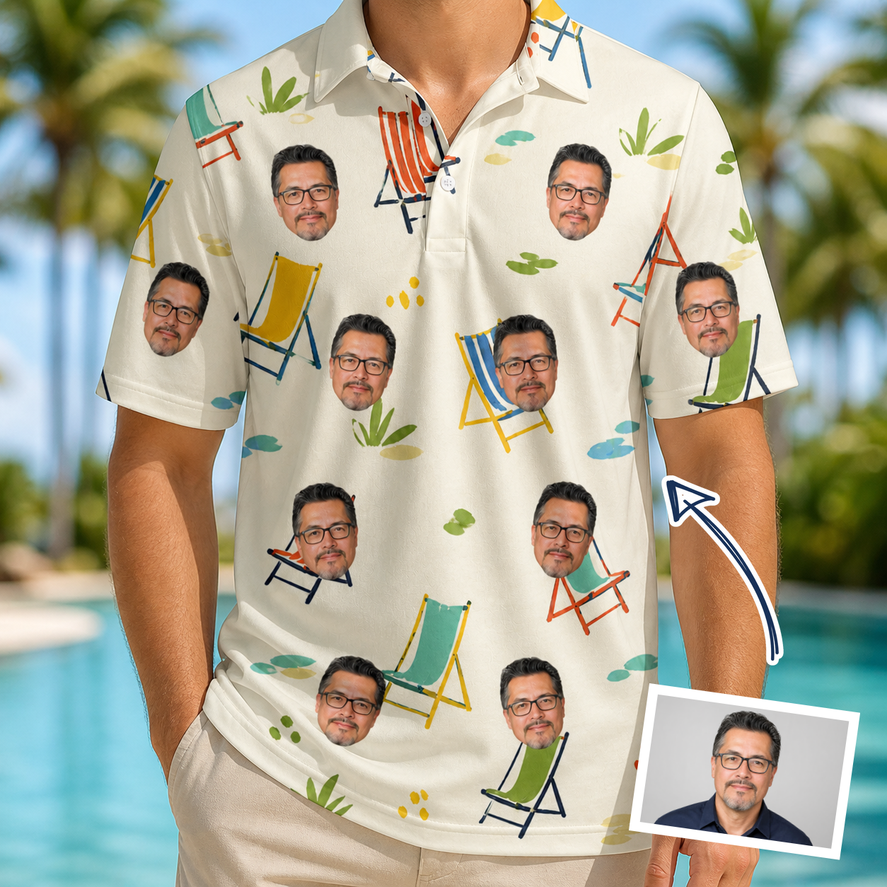 Man wearing Men's Seaside Sitters Custom Face Polo Shirt — custom faces printed all-over