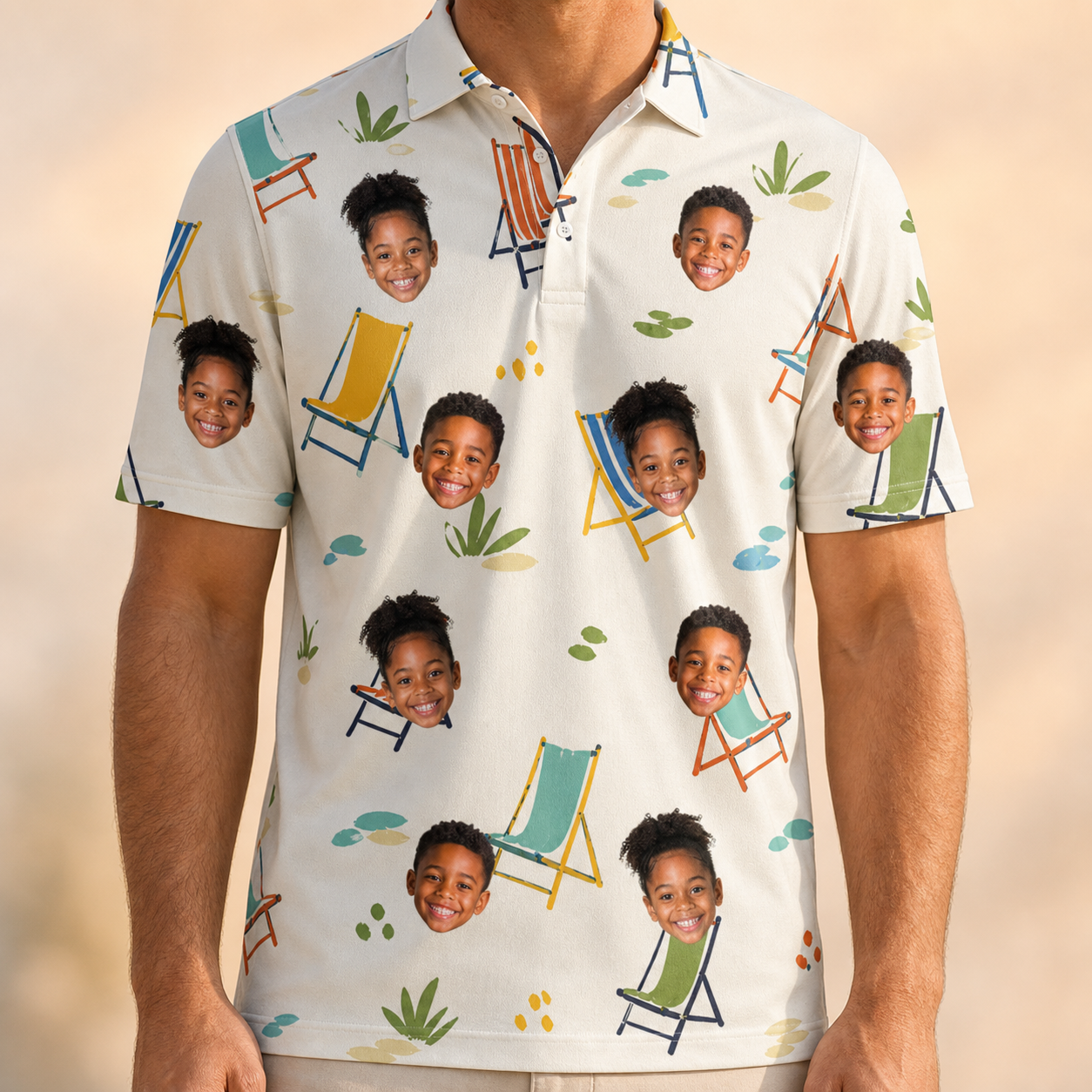 Model wearing Men's Seaside Sitters Custom Face Polo Shirt printed with kids' faces