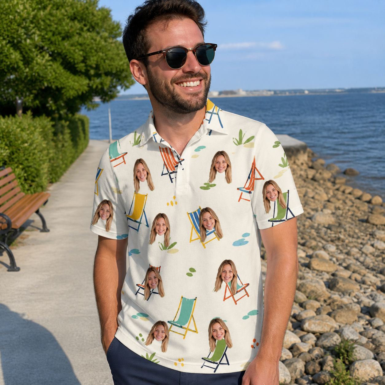 Real-life photo of someone wearing Men's Seaside Sitters Custom Face Polo Shirt — custom faces printed all-over
