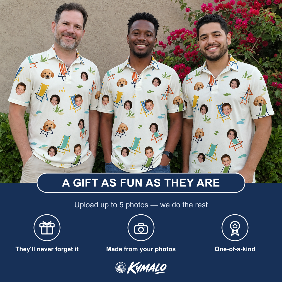 Friends in matching Men's Seaside Sitters Custom Face Polo Shirt — a group gift photo