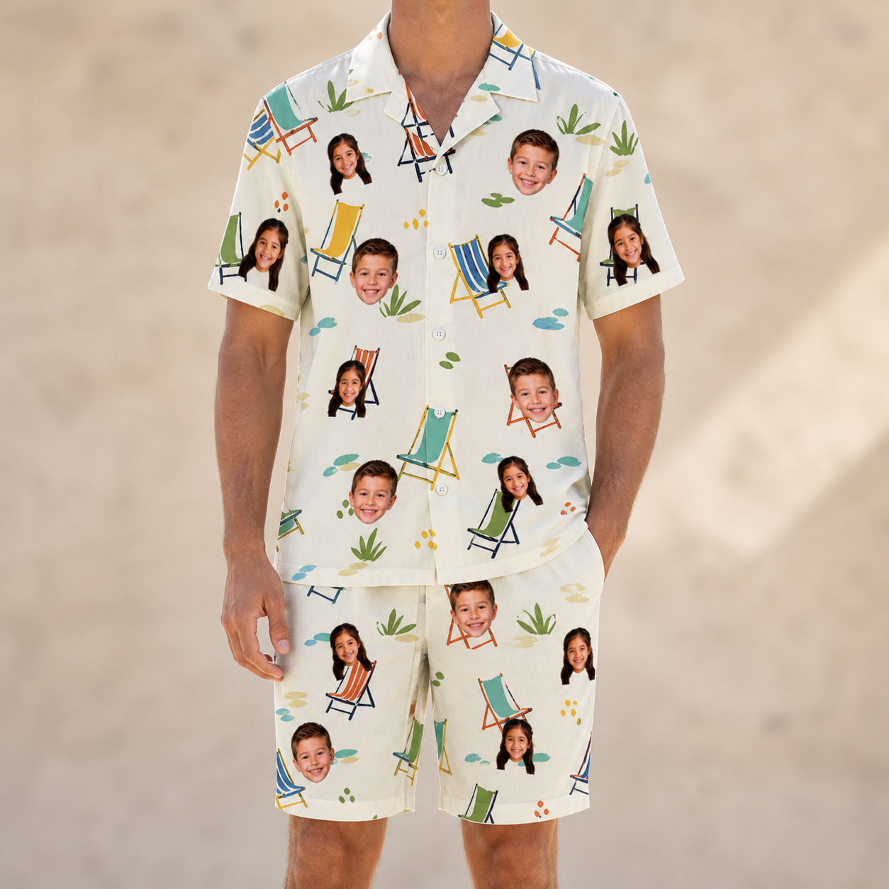 Model wearing Men's Seaside Sitters Custom Face Shirt & Shorts Set printed with kids' faces