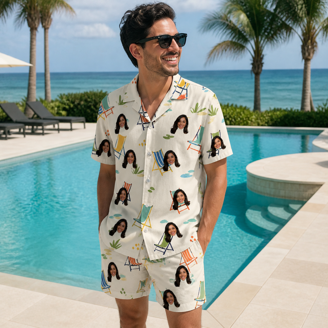 Real-life photo of someone wearing Men's Seaside Sitters Custom Face Shirt & Shorts Set — custom faces printed all-over