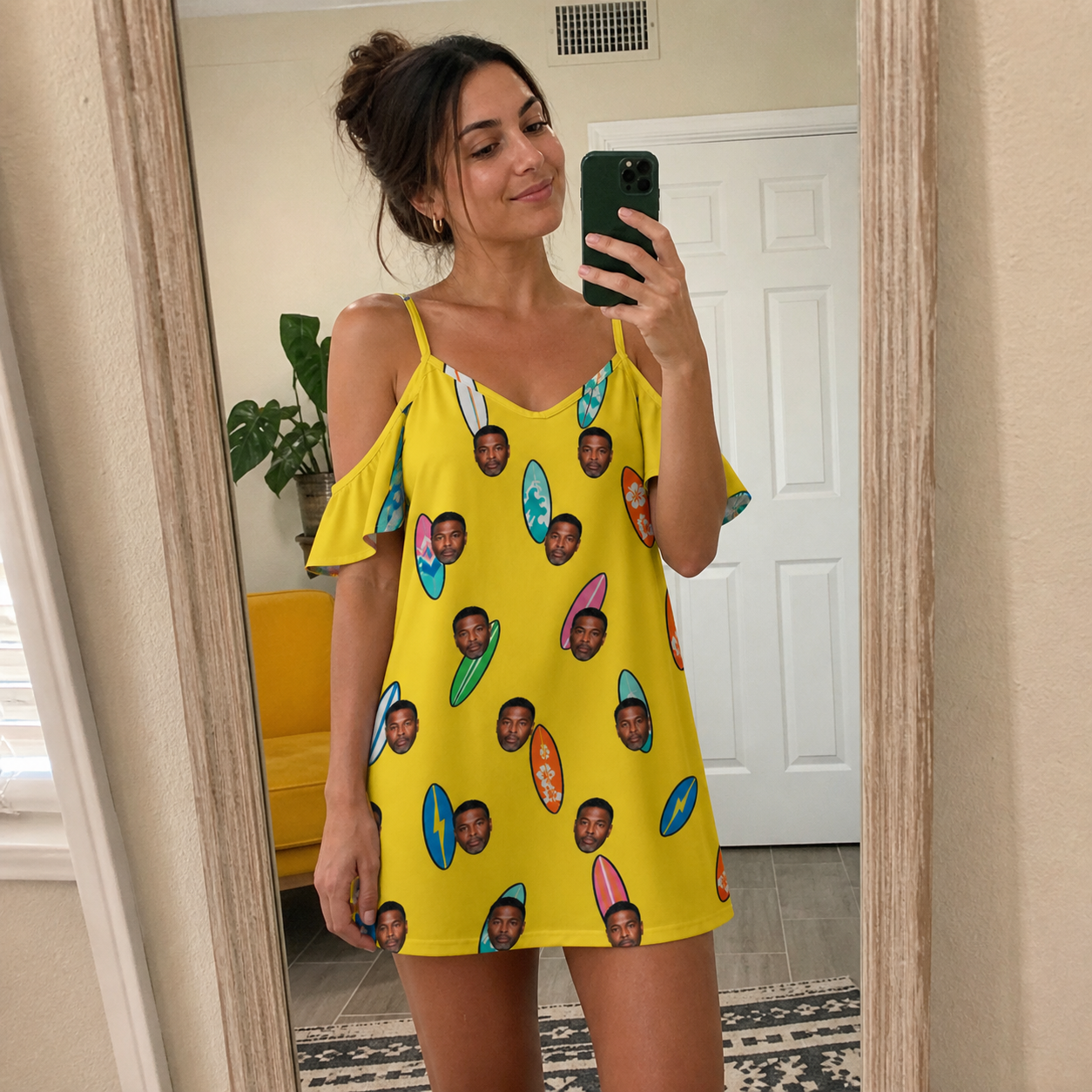 Real-life photo of someone wearing Women's Board Buddies Custom Face Off-Shoulder Dress — custom faces printed all-over