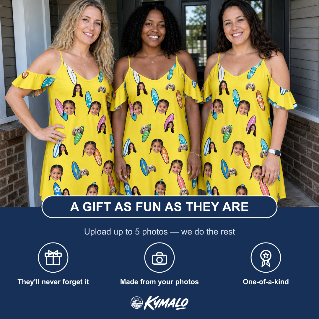 Friends in matching Women's Board Buddies Custom Face Off-Shoulder Dress — a group gift photo