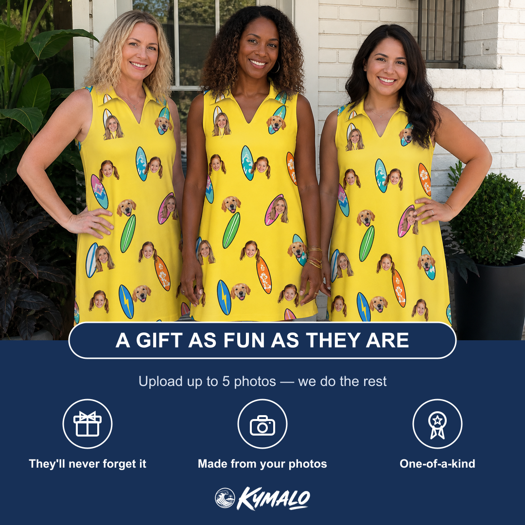 Friends in matching Women's Board Buddies Custom Face V-Neck Dress — a group gift photo