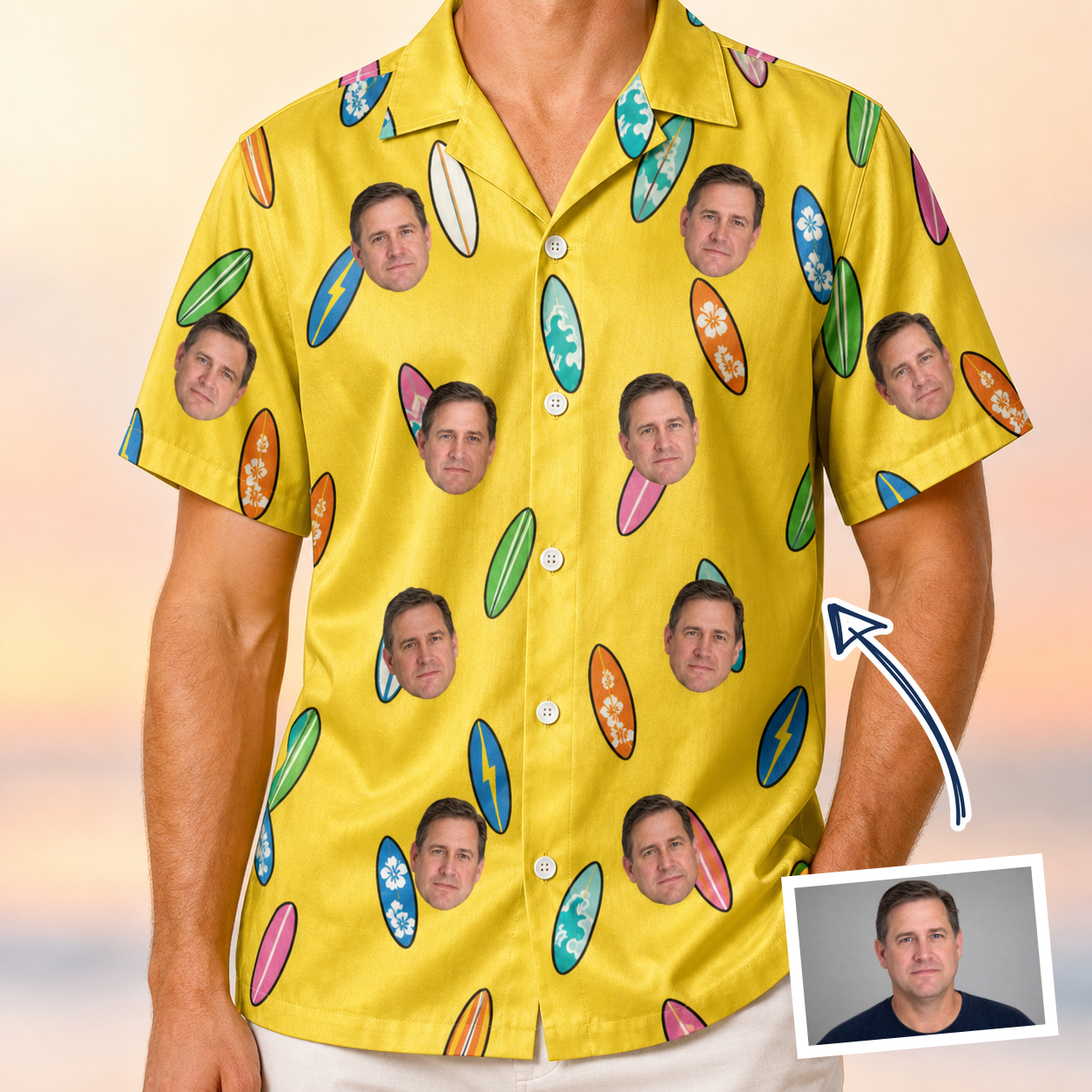 Man wearing Men's Board Buddies Custom Face Hawaiian Shirt — custom faces printed all-over