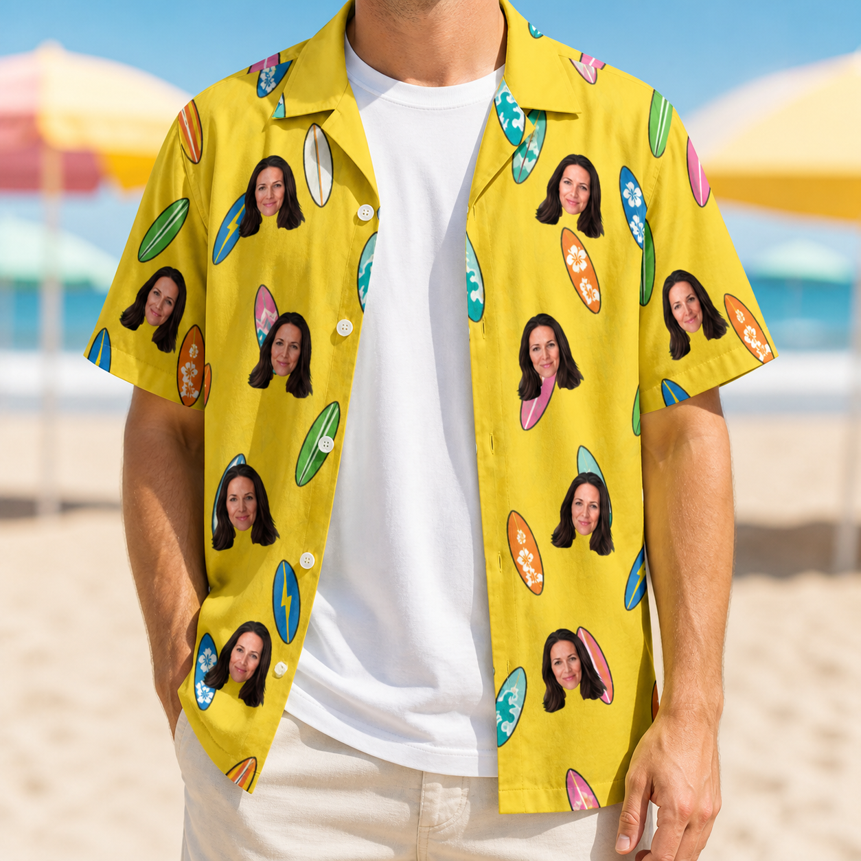 Man wearing Men's Board Buddies Custom Face Hawaiian Shirt open over a white tee