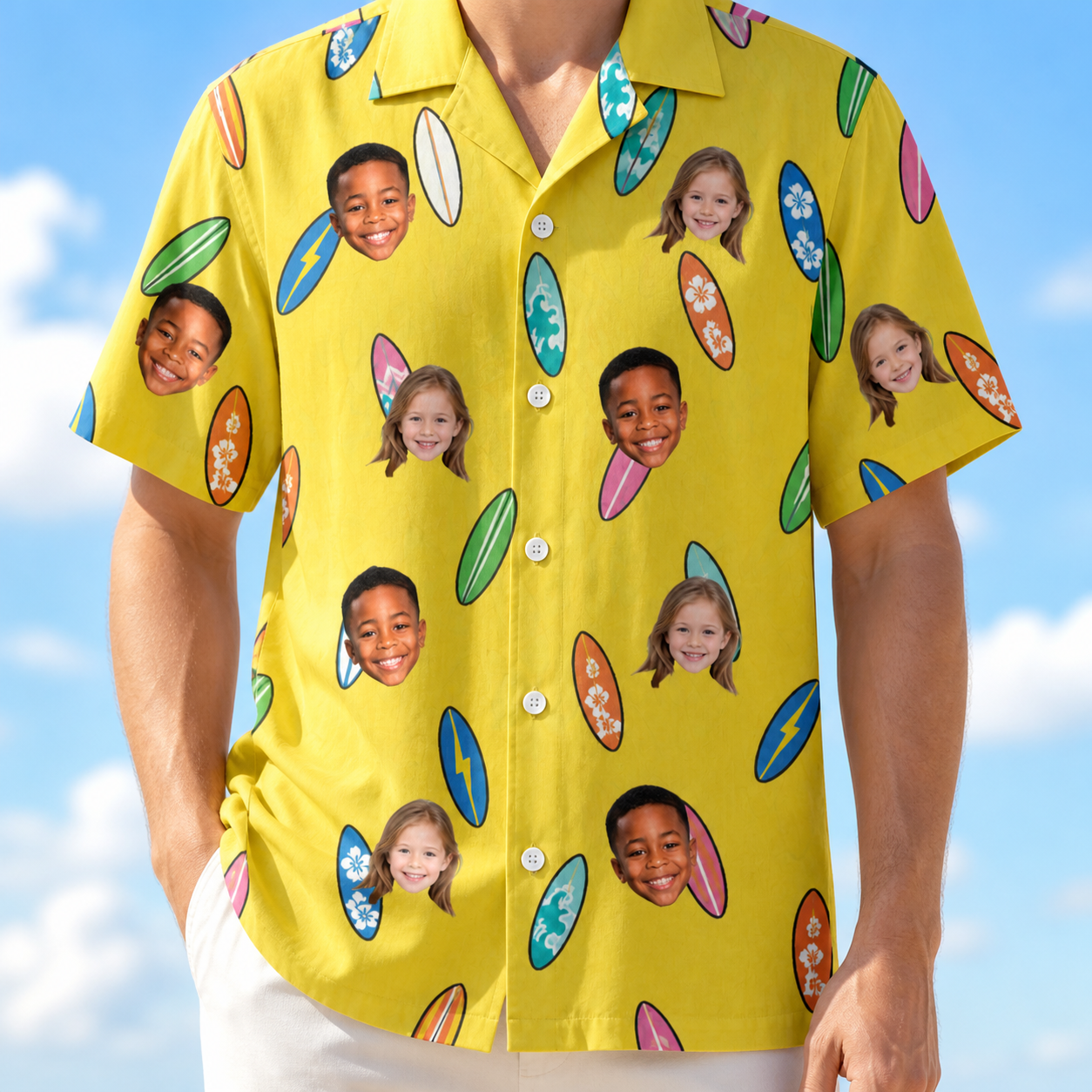 Model wearing Men's Board Buddies Custom Face Hawaiian Shirt printed with kids' faces