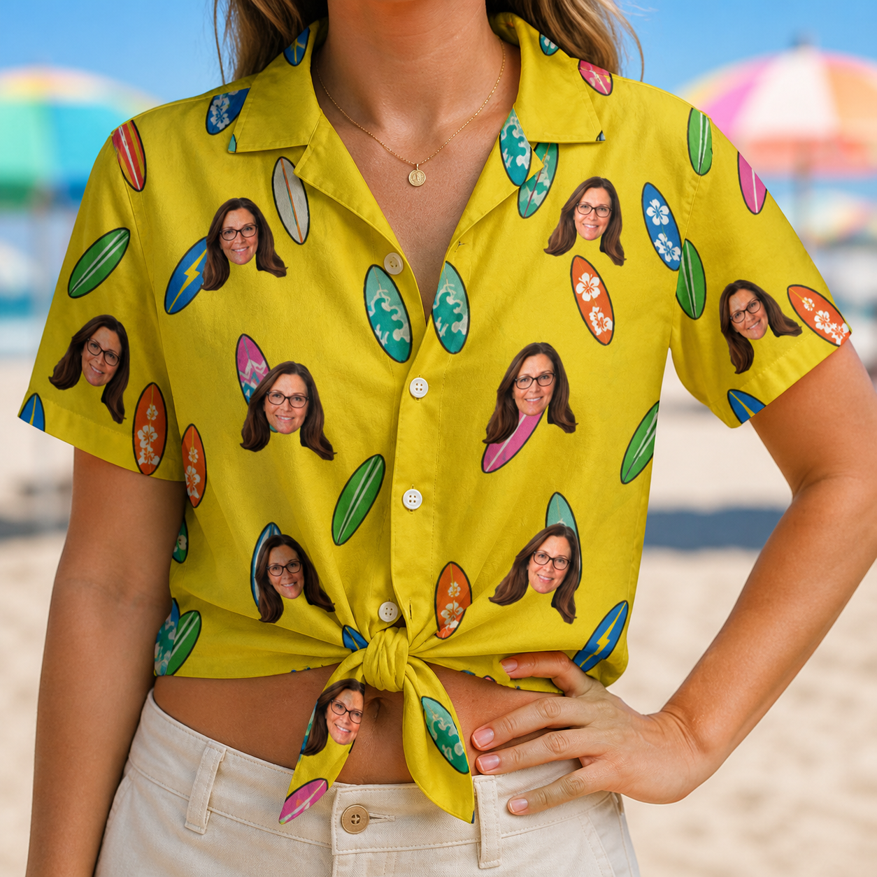 Woman wearing Women's Board Buddies Custom Face Hawaiian Shirt tied at the waist