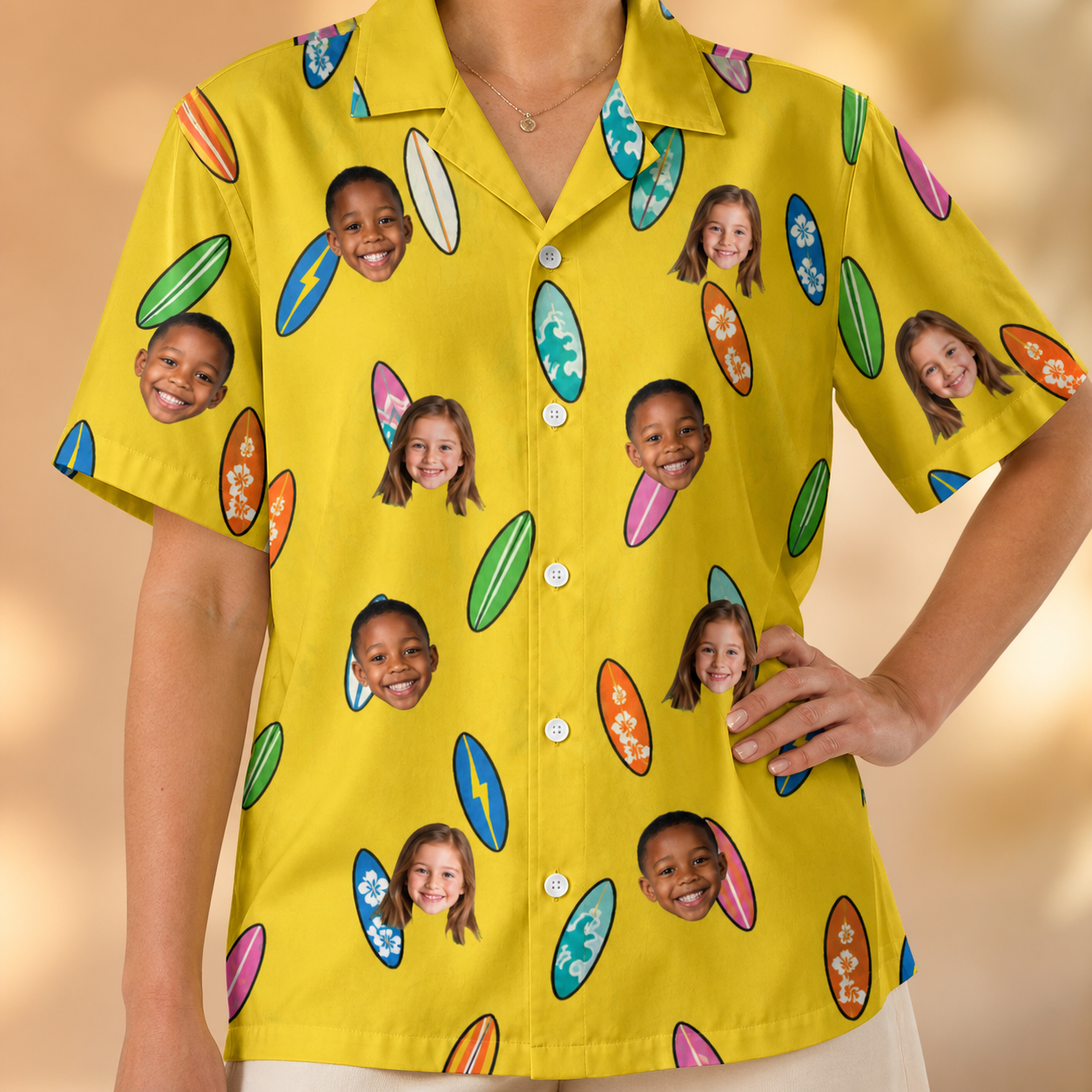 Model wearing Women's Board Buddies Custom Face Hawaiian Shirt printed with kids' faces