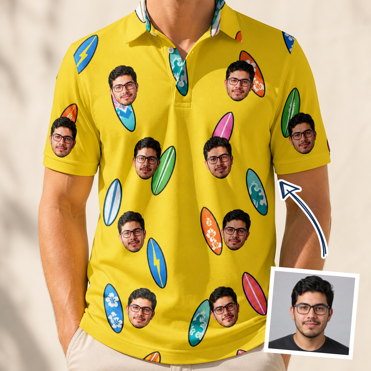 Man wearing Men's Board Buddies Custom Face Polo Shirt — custom faces printed all-over