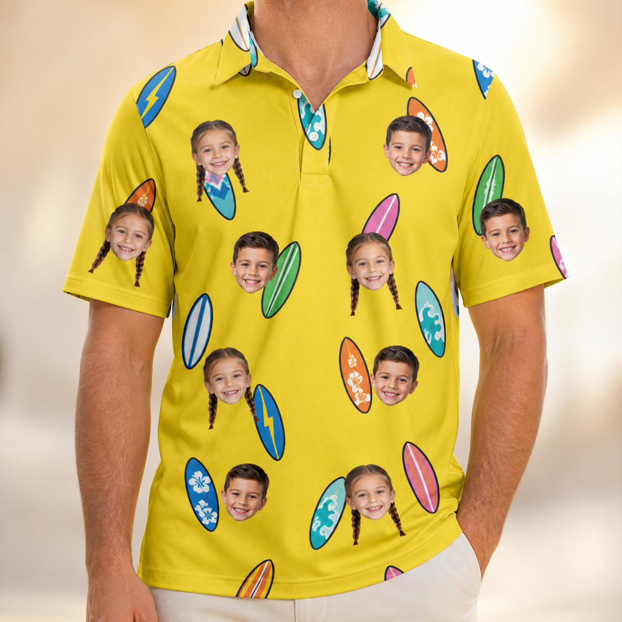 Model wearing Men's Board Buddies Custom Face Polo Shirt printed with kids' faces