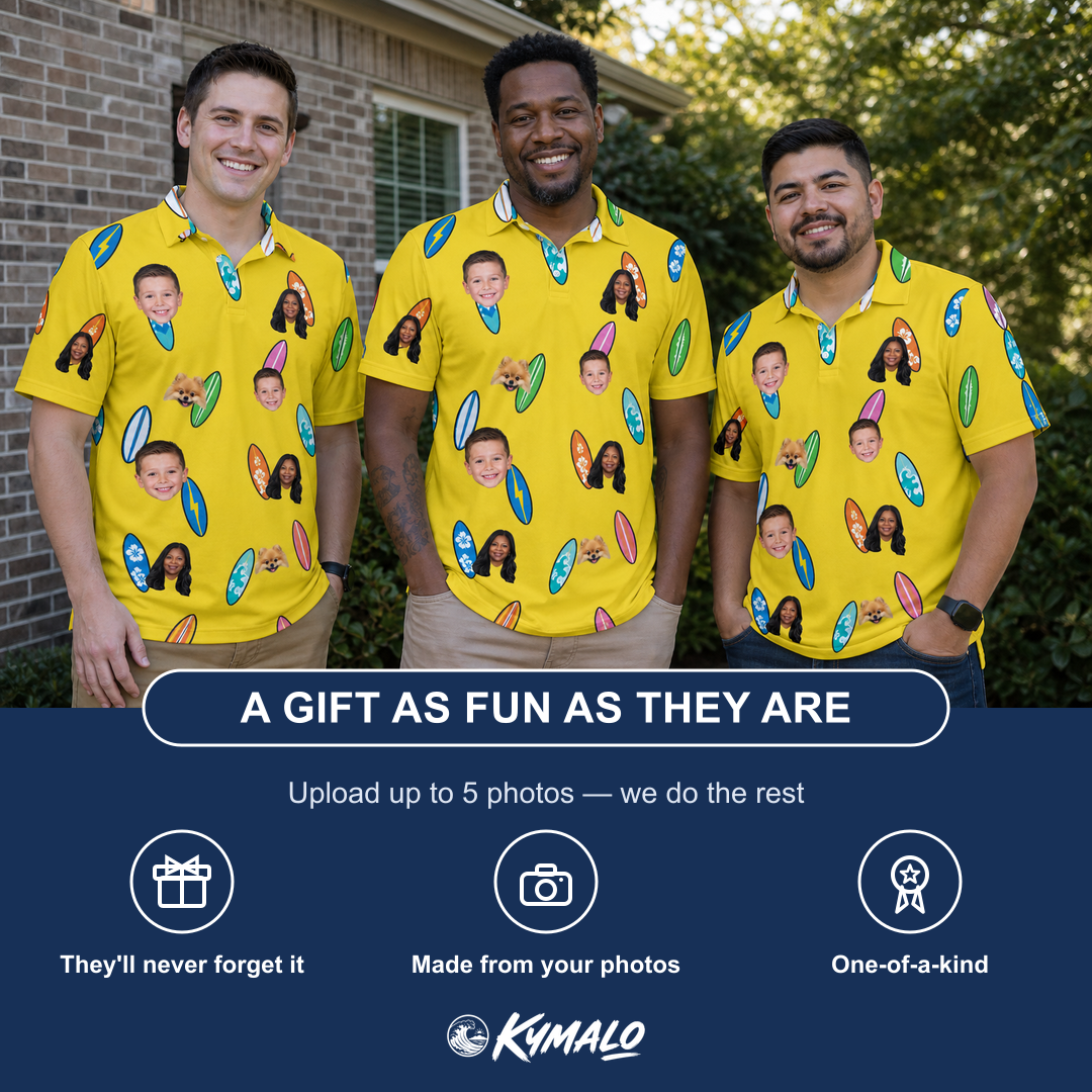 Friends in matching Men's Board Buddies Custom Face Polo Shirt — a group gift photo