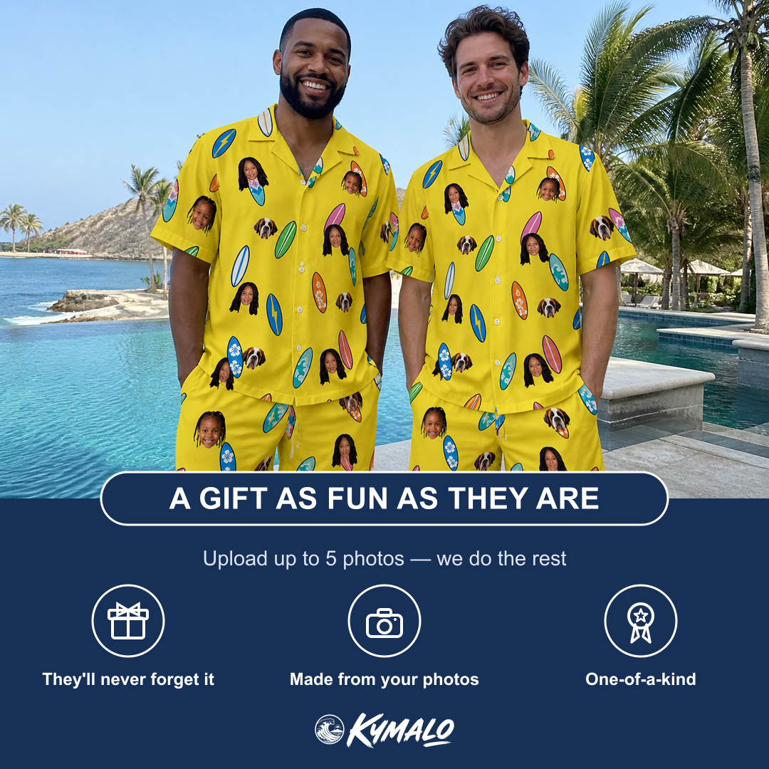 Friends in matching Men's Board Buddies Custom Face Shirt & Shorts Set — a group gift photo
