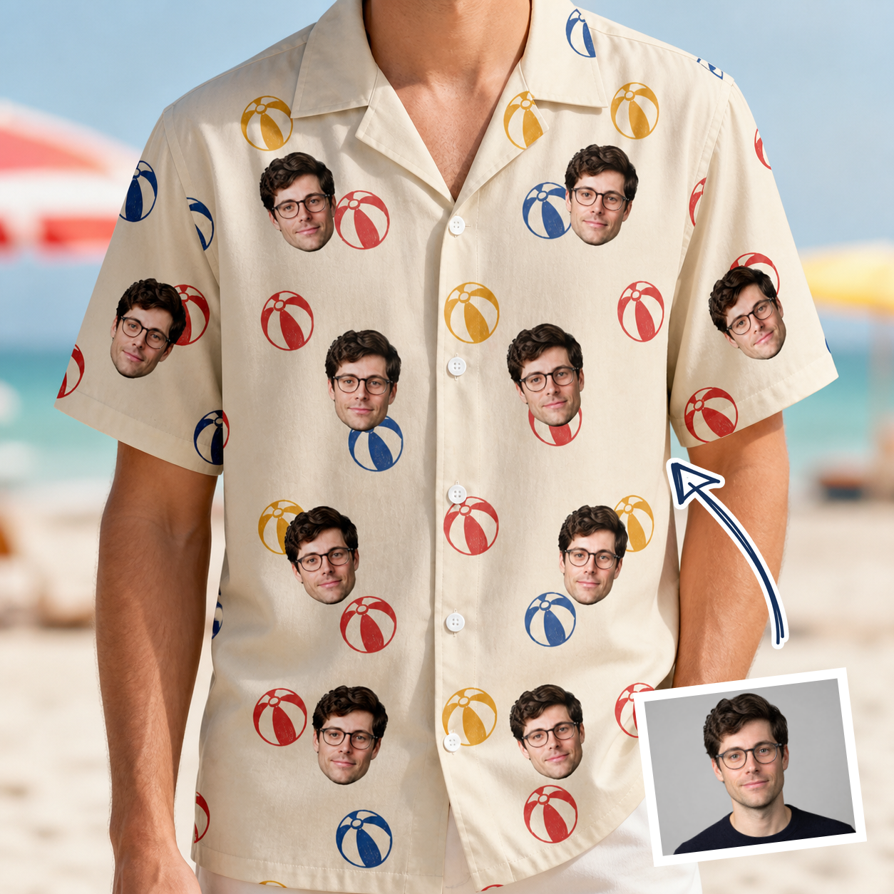 Man wearing Men's Sandy Sidekicks Custom Face Hawaiian Shirt — custom faces printed all-over