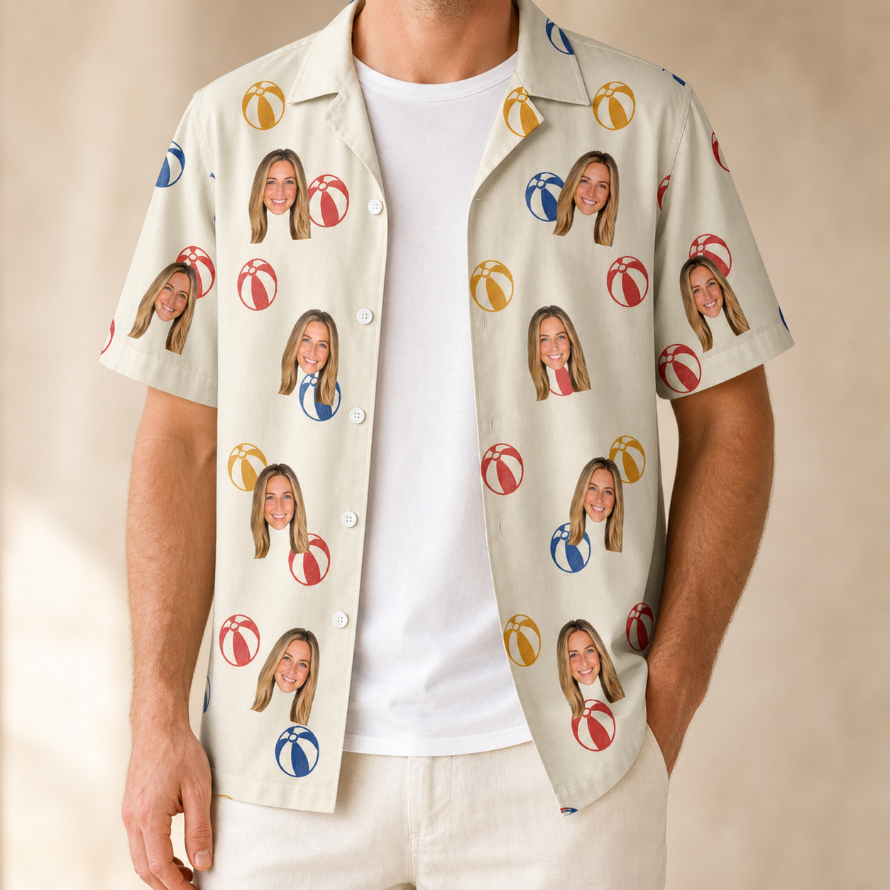 Man wearing Men's Sandy Sidekicks Custom Face Hawaiian Shirt open over a white tee