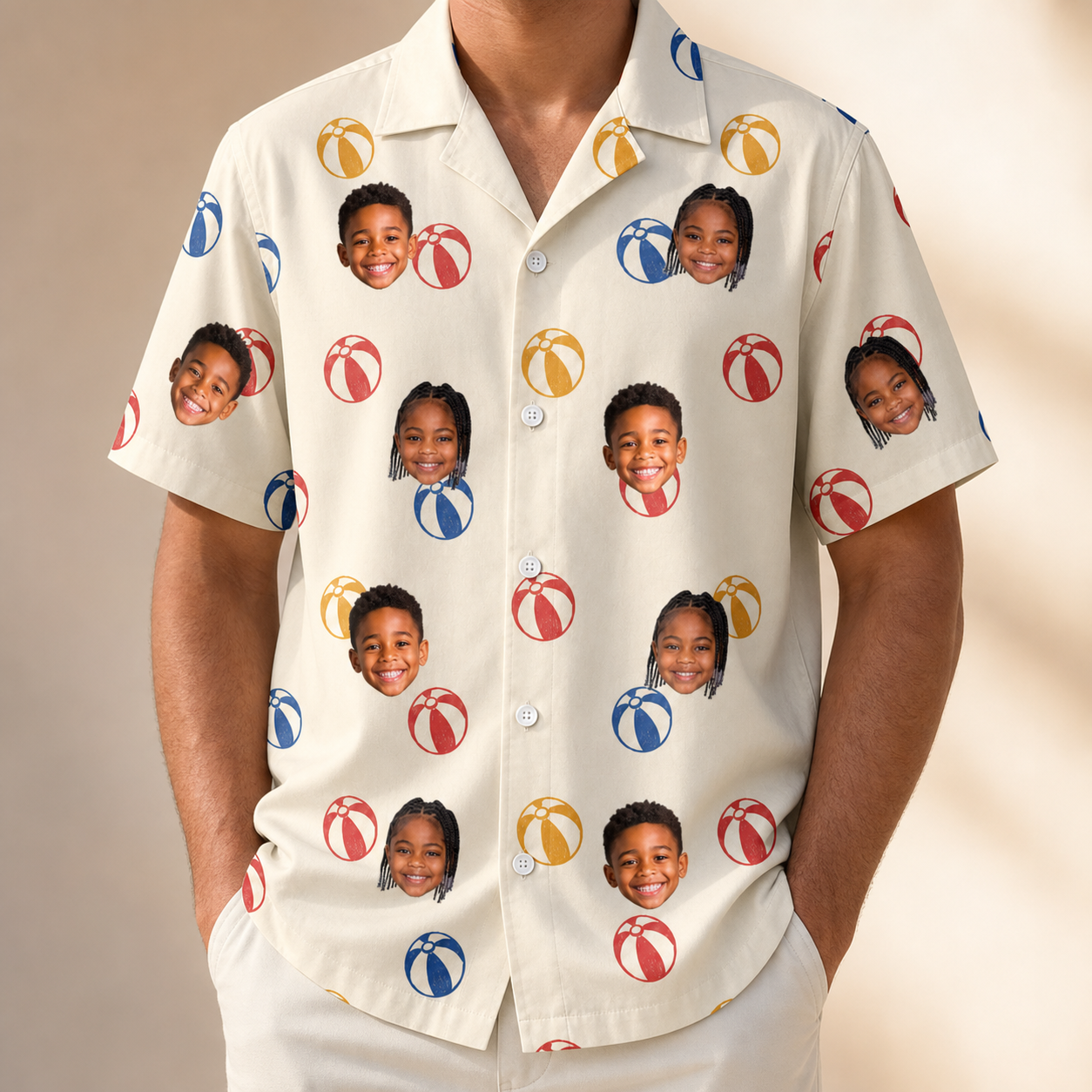 Model wearing Men's Sandy Sidekicks Custom Face Hawaiian Shirt printed with kids' faces