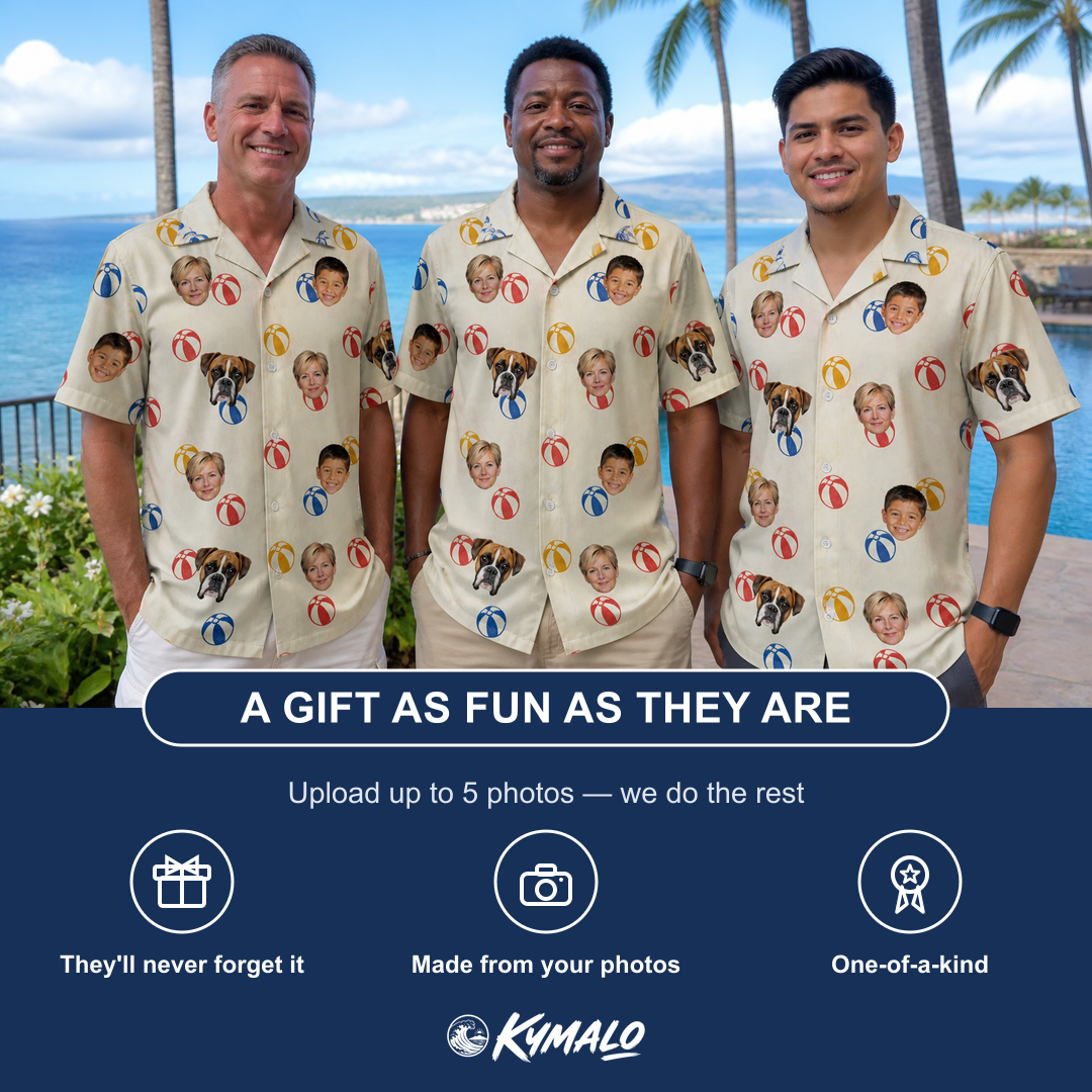 Friends in matching Men's Sandy Sidekicks Custom Face Hawaiian Shirt — a group gift photo