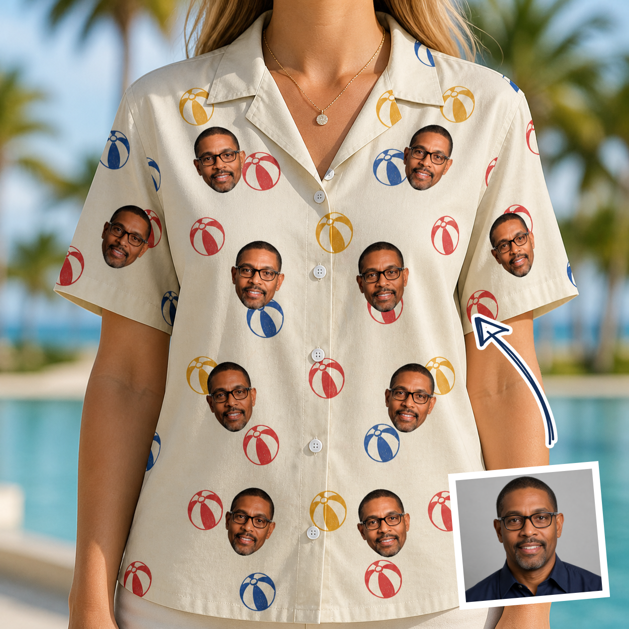Woman wearing Women's Sandy Sidekicks Custom Face Hawaiian Shirt — custom faces printed all-over