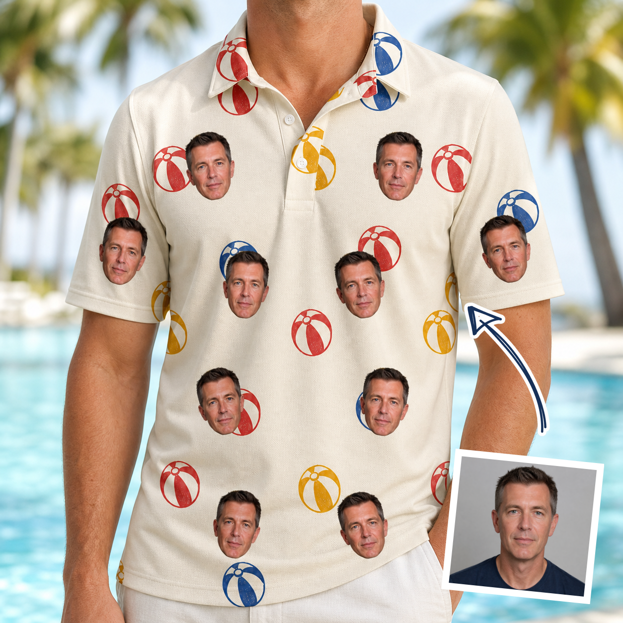 Man wearing Men's Sandy Sidekicks Custom Face Polo Shirt — custom faces printed all-over