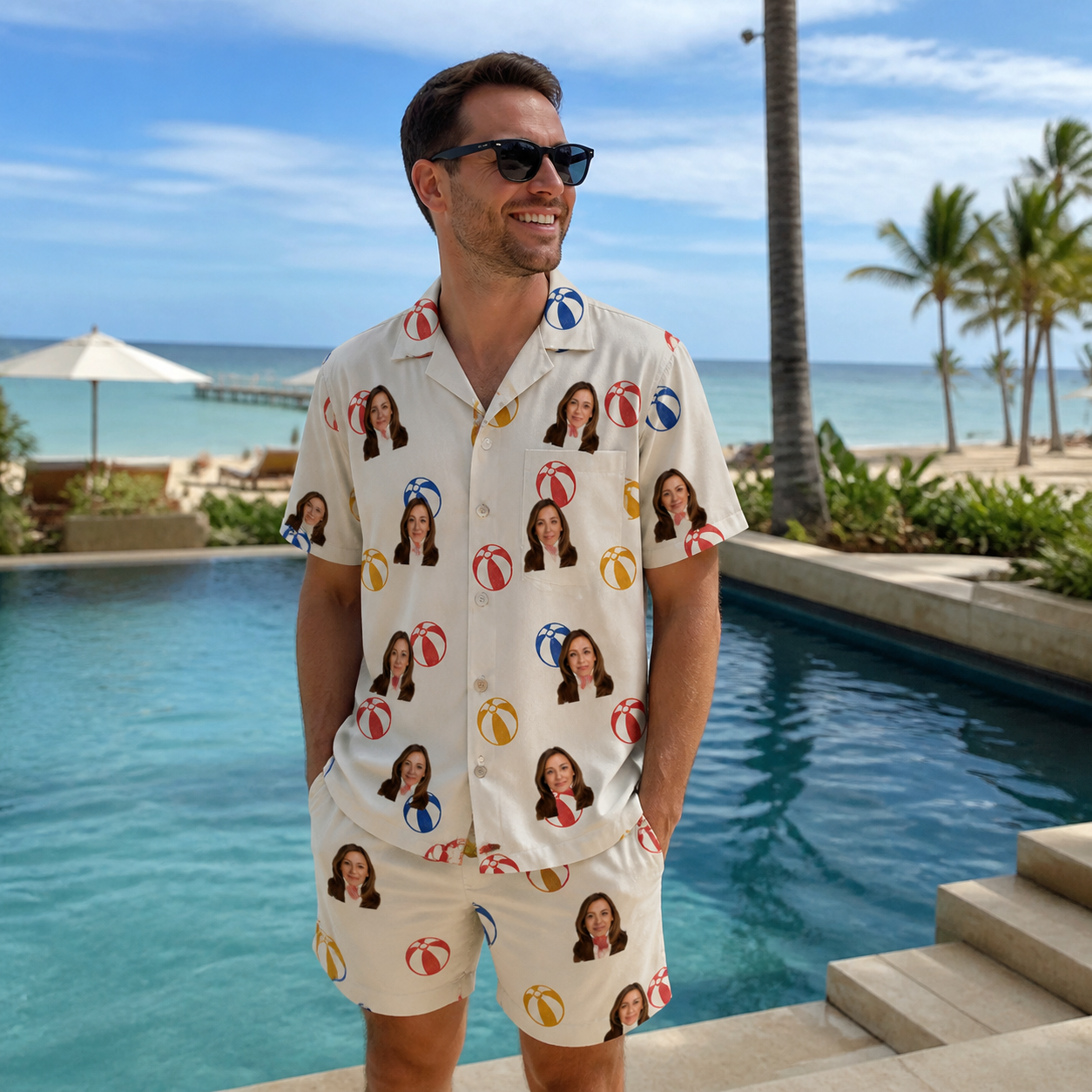 Real-life photo of someone wearing Men's Sandy Sidekicks Custom Face Shirt & Shorts Set — custom faces printed all-over