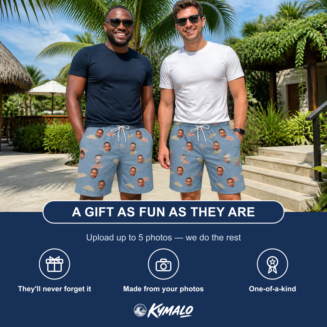 Friends in matching Men's Umbrella Uproar Custom Face Beach Shorts — a group gift photo