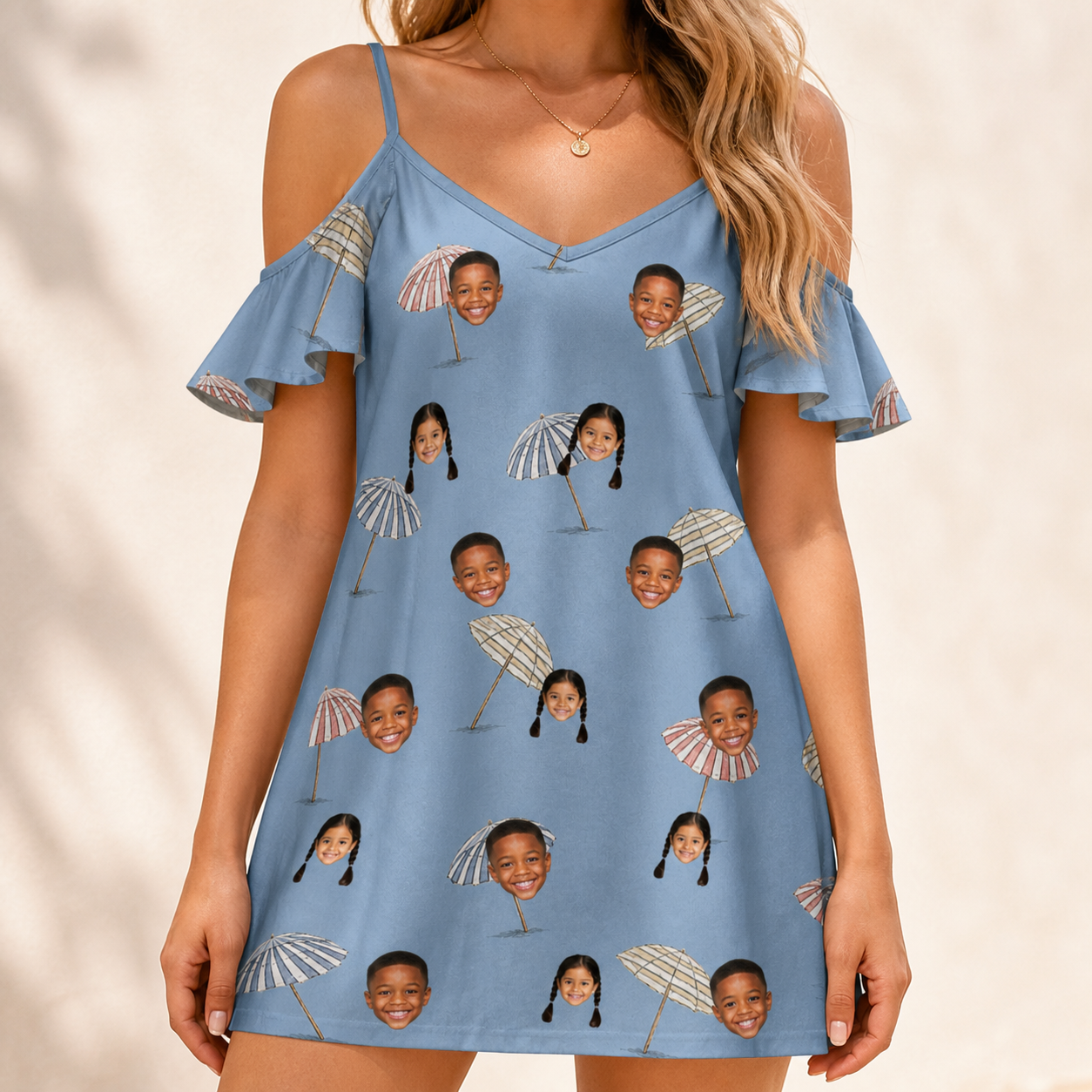 Model wearing Women's Umbrella Uproar Custom Face Off-Shoulder Dress printed with kids' faces