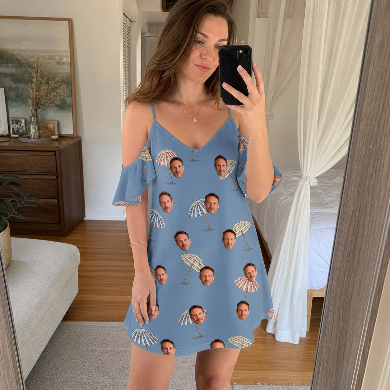 Real-life photo of someone wearing Women's Umbrella Uproar Custom Face Off-Shoulder Dress — custom faces printed all-over