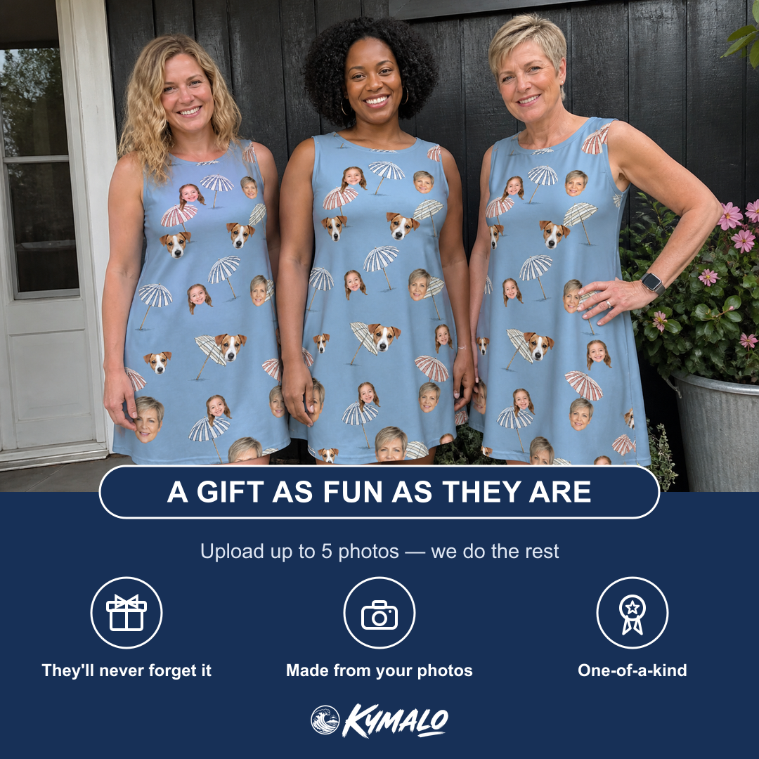 Friends in matching Women's Umbrella Uproar Custom Face Tank Dress — a group gift photo