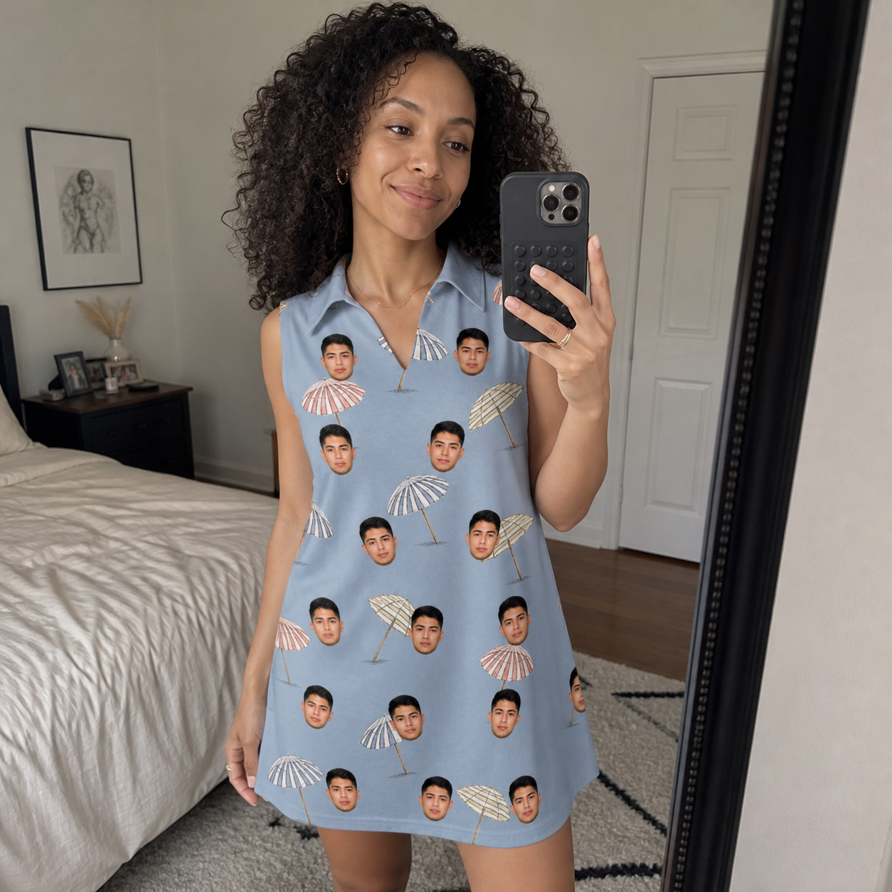 Real-life photo of someone wearing Women's Umbrella Uproar Custom Face V-Neck Dress — custom faces printed all-over