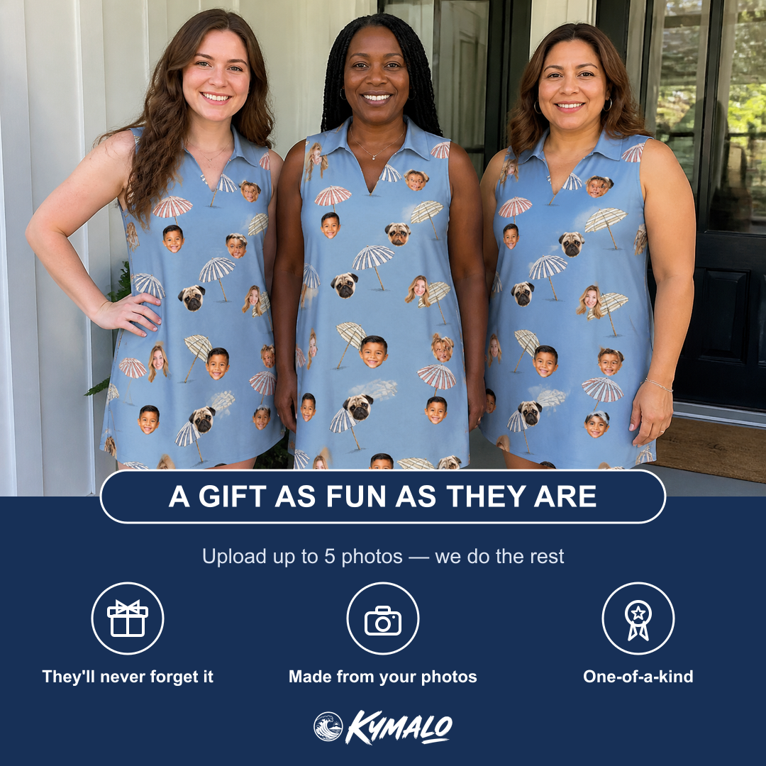 Friends in matching Women's Umbrella Uproar Custom Face V-Neck Dress — a group gift photo