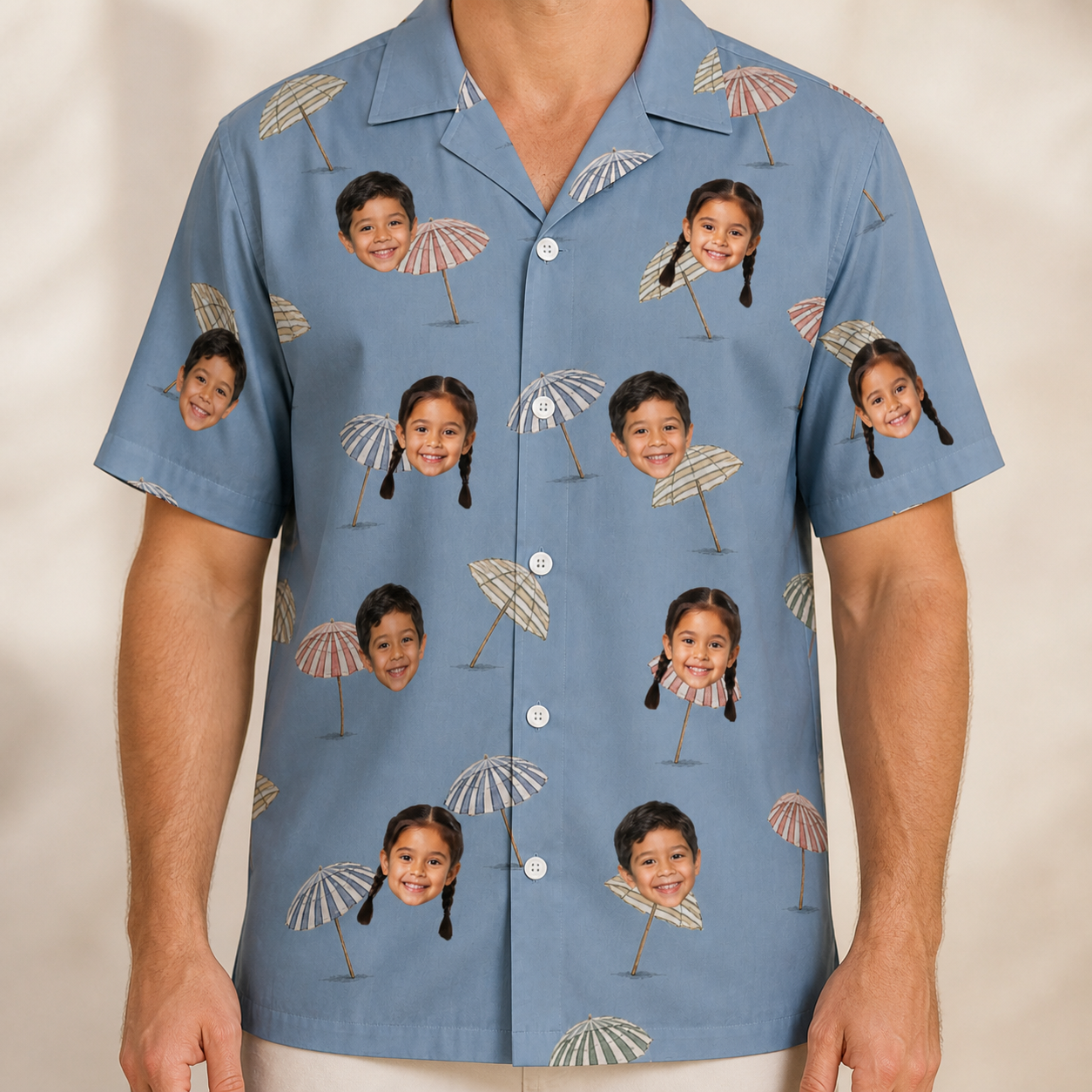 Model wearing Men's Umbrella Uproar Custom Face Hawaiian Shirt printed with kids' faces