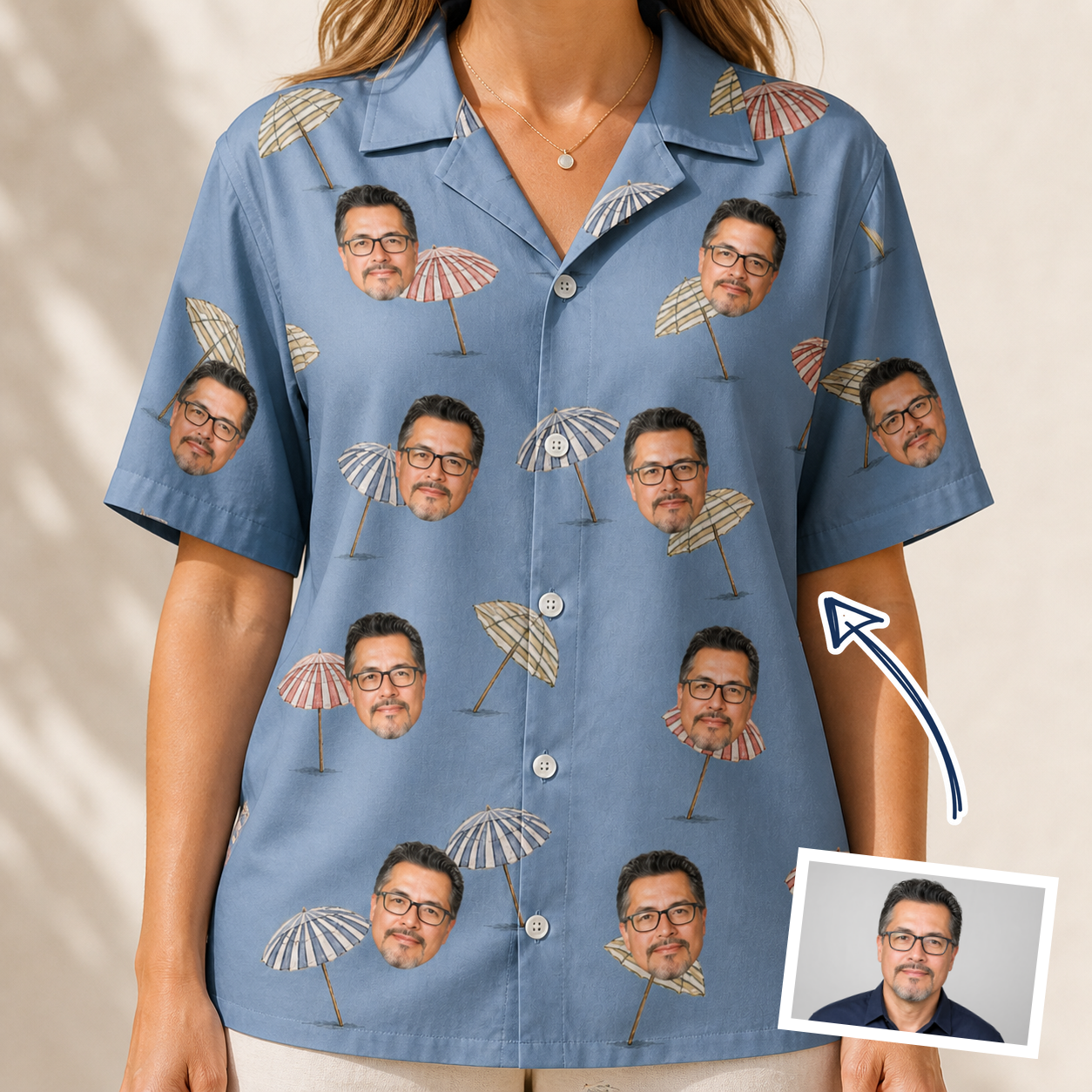 Woman wearing Women's Umbrella Uproar Custom Face Hawaiian Shirt — custom faces printed all-over