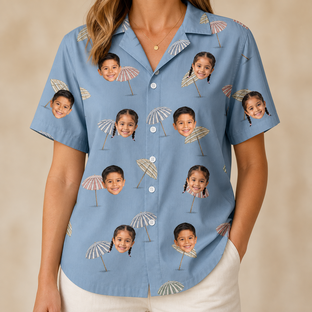 Model wearing Women's Umbrella Uproar Custom Face Hawaiian Shirt printed with kids' faces