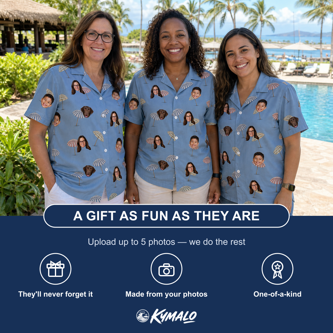 Friends in matching Women's Umbrella Uproar Custom Face Hawaiian Shirt — a group gift photo