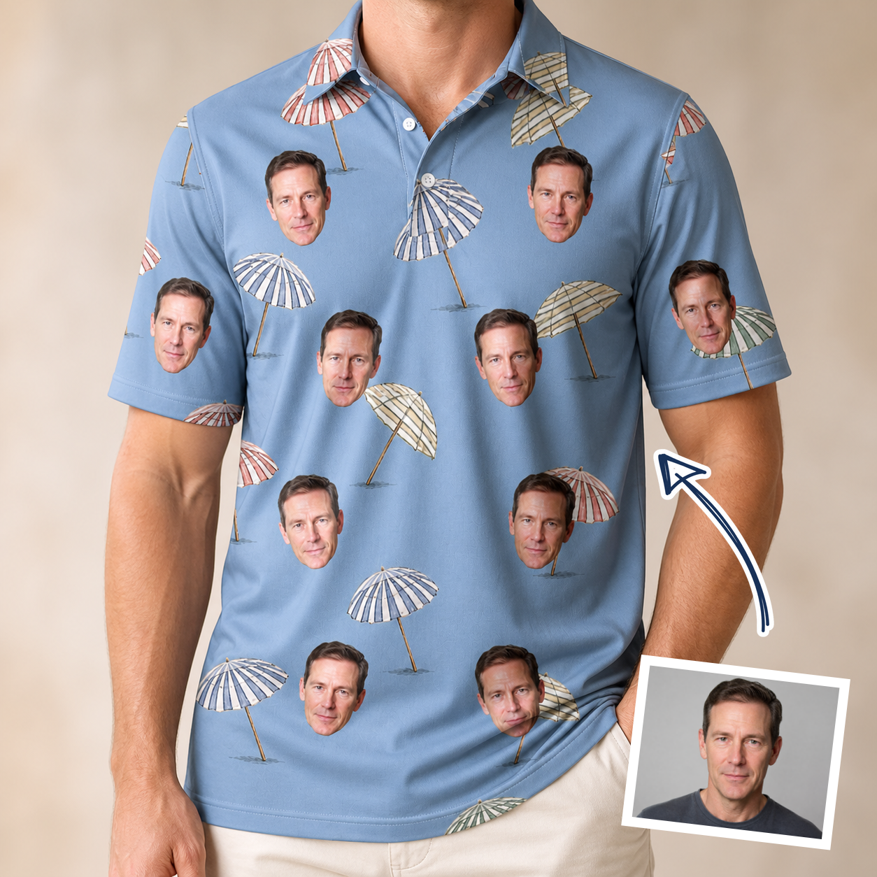 Man wearing Men's Umbrella Uproar Custom Face Polo Shirt — custom faces printed all-over
