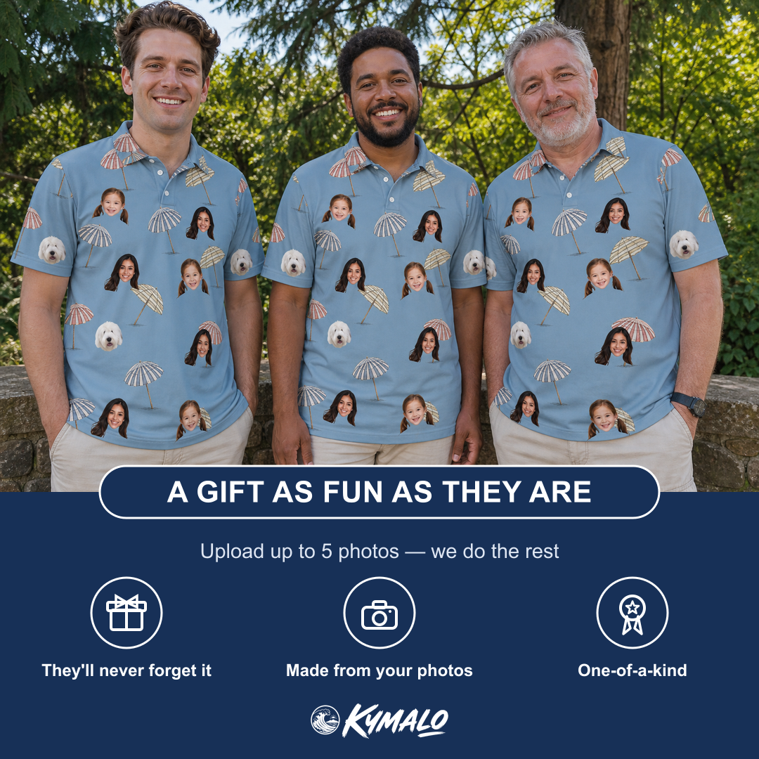 Friends in matching Men's Umbrella Uproar Custom Face Polo Shirt — a group gift photo