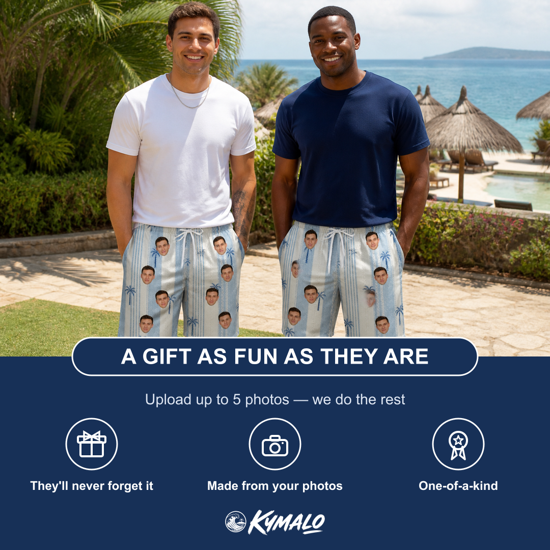 Friends in matching Men's Coconut Crew Custom Face Beach Shorts — a group gift photo