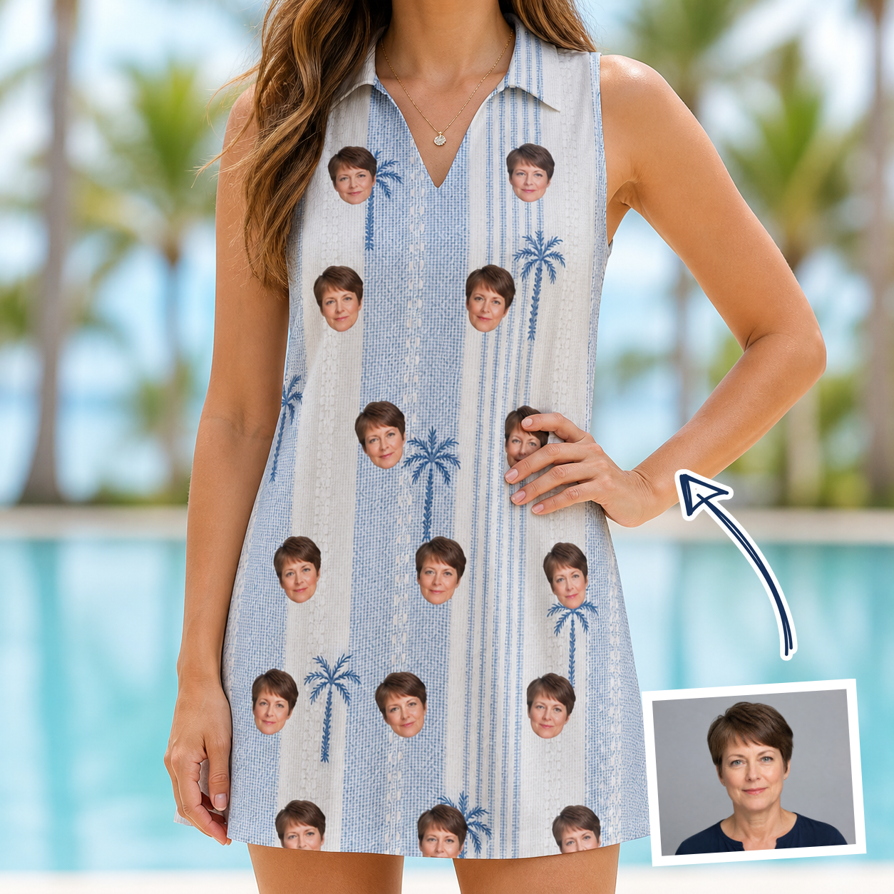 Woman wearing Women's Coconut Crew Custom Face V-Neck Dress — custom faces printed all-over