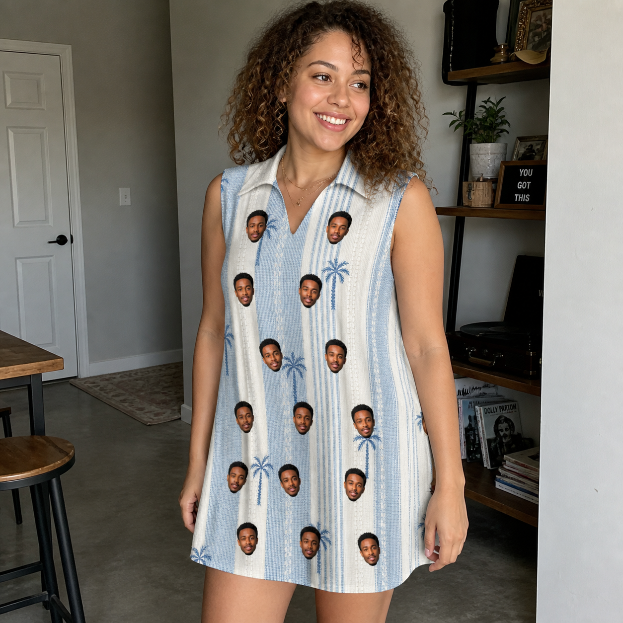 Real-life photo of someone wearing Women's Coconut Crew Custom Face V-Neck Dress — custom faces printed all-over