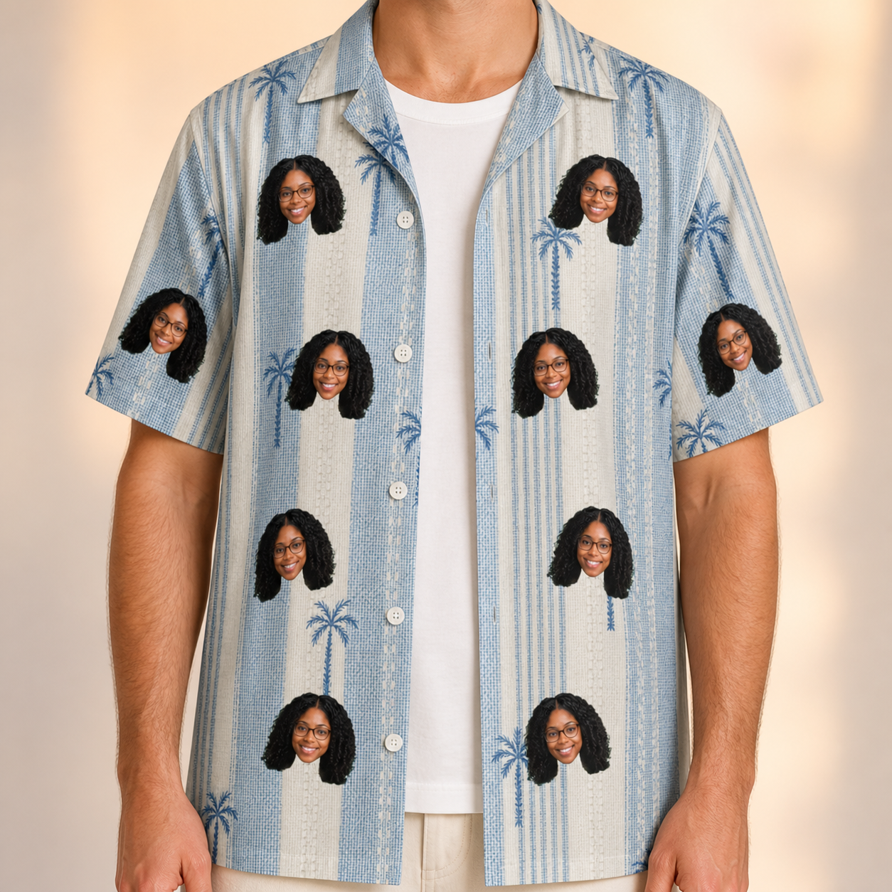 Man wearing Men's Coconut Crew Custom Face Hawaiian Shirt open over a white tee