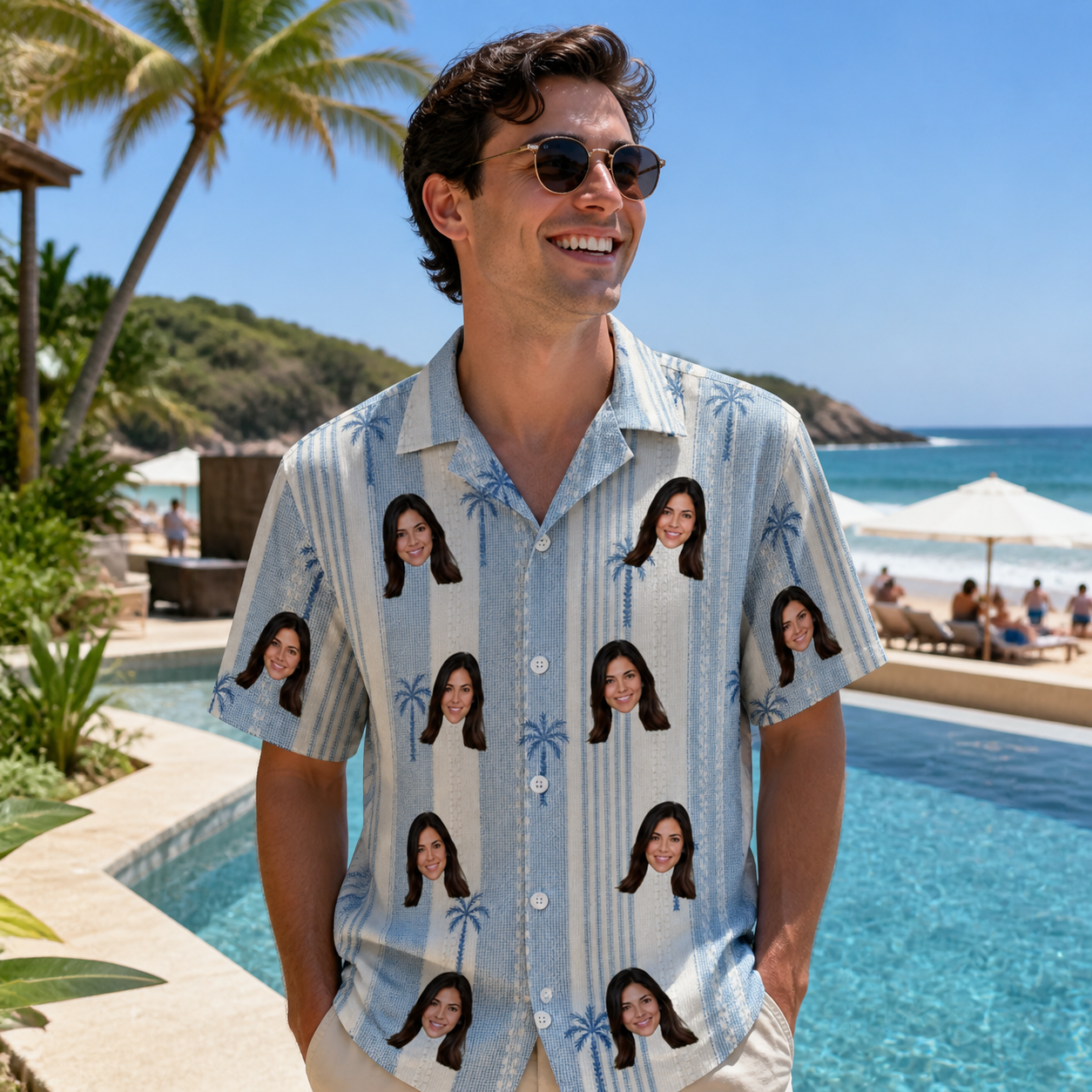 Real-life photo of someone wearing Men's Coconut Crew Custom Face Hawaiian Shirt — custom faces printed all-over