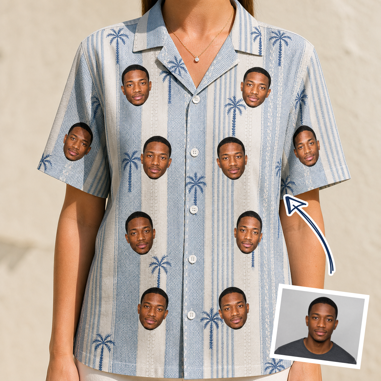 Woman wearing Women's Coconut Crew Custom Face Hawaiian Shirt — custom faces printed all-over
