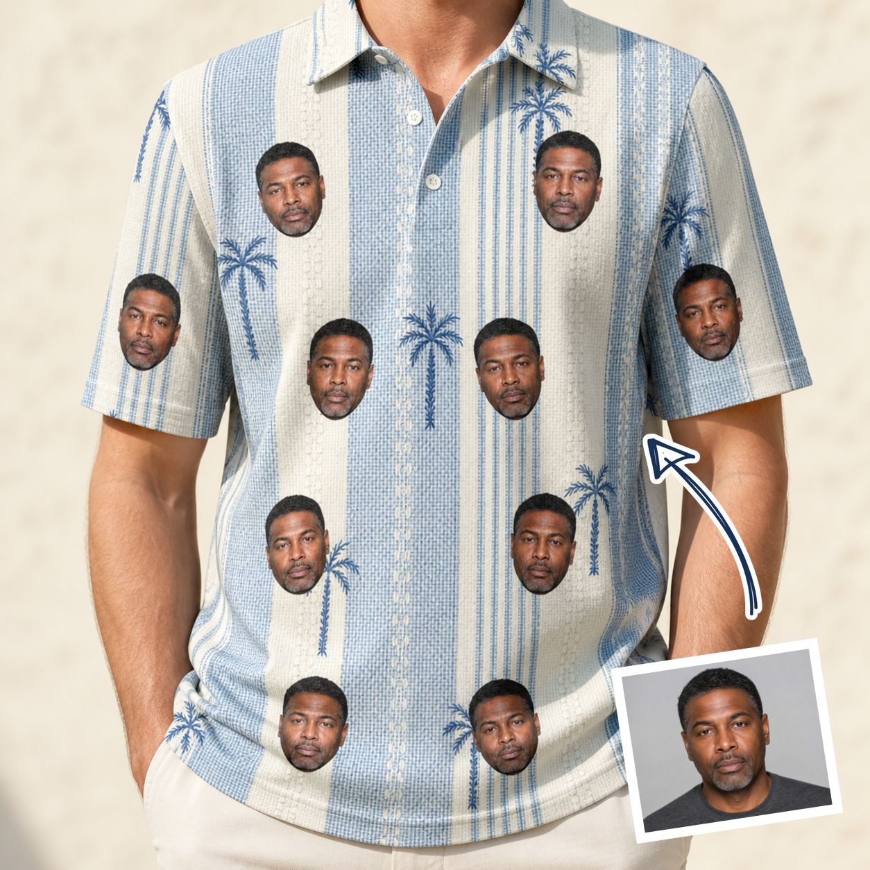 Man wearing Men's Coconut Crew Custom Face Polo Shirt — custom faces printed all-over