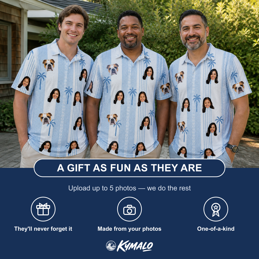 Friends in matching Men's Coconut Crew Custom Face Polo Shirt — a group gift photo