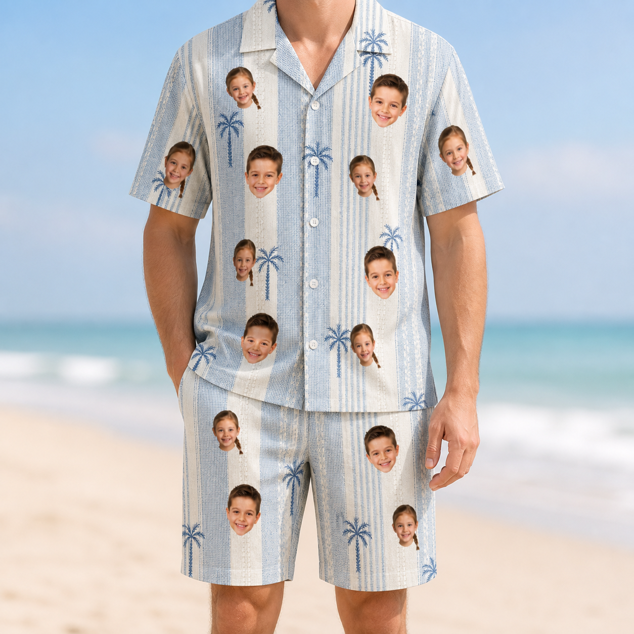 Model wearing Men's Coconut Crew Custom Face Shirt & Shorts Set printed with kids' faces