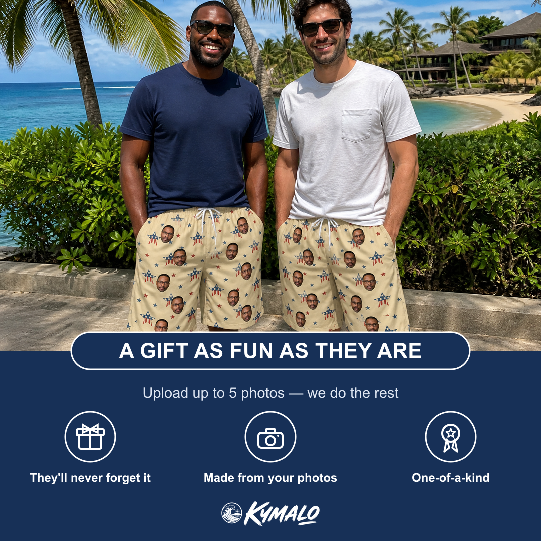 Friends in matching Men's Flag Fandango Custom Face Beach Shorts — a group gift photo