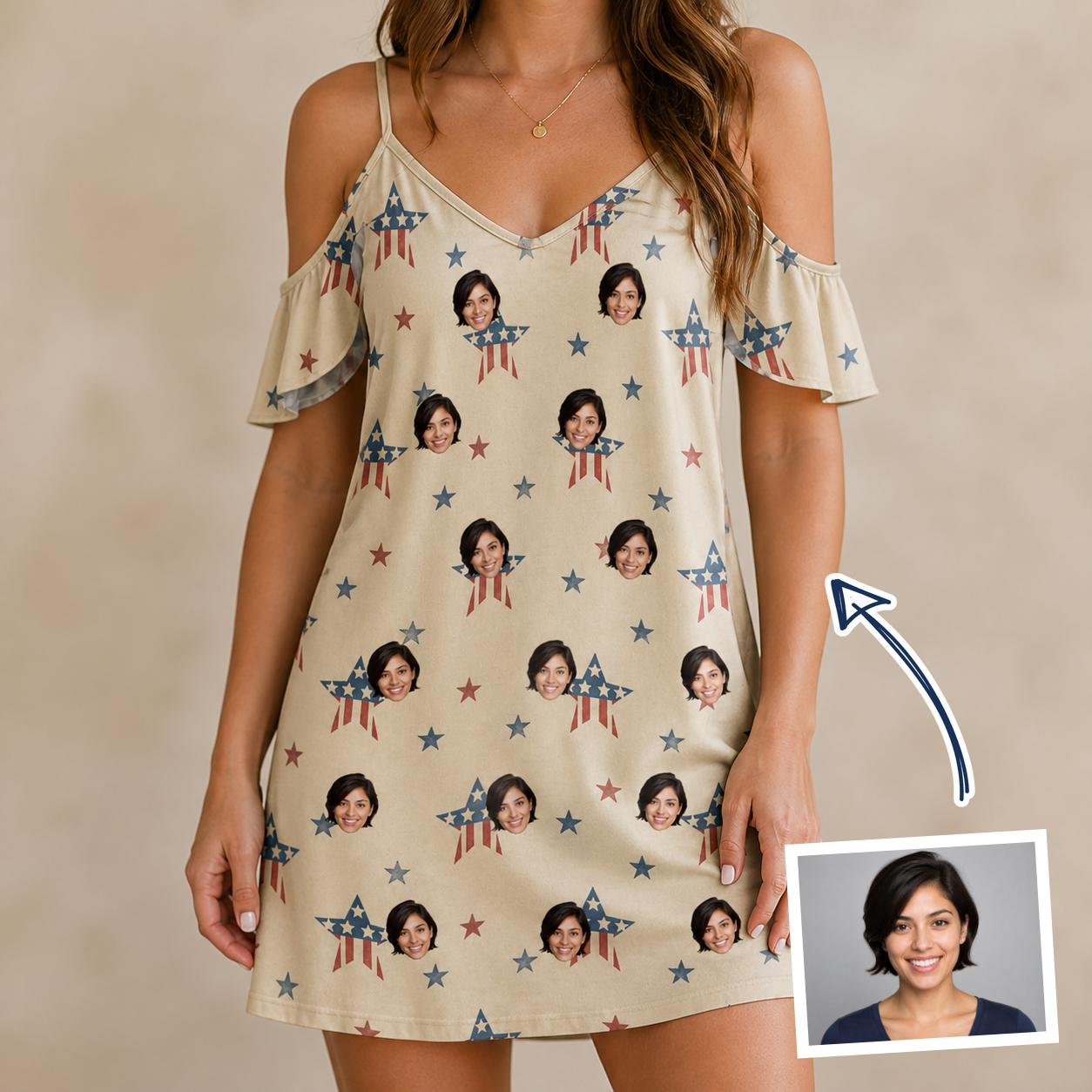 Woman wearing Women's Flag Fandango Custom Face Off-Shoulder Dress — custom faces printed all-over